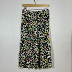 Vintage Liz Claiborne Womens Floral Midi Skirt 10 Black Floral Rayon Cottagecore